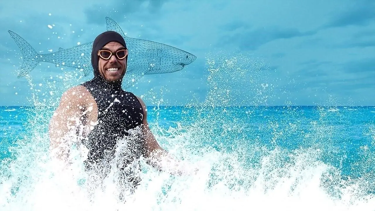 Shark vs. Ross Edgley backdrop